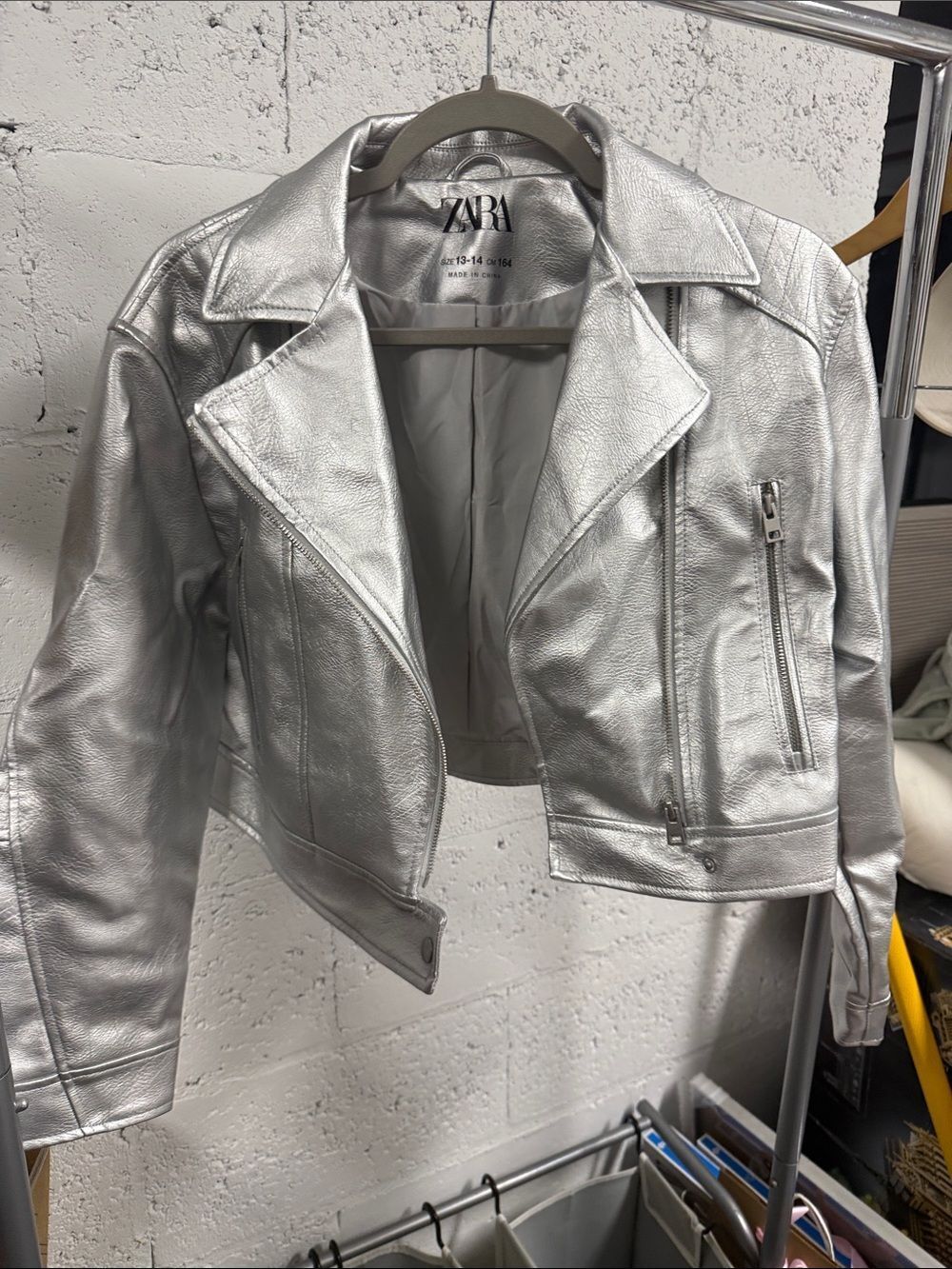 Zara Metallic Silver Moto Leather Jacket - Kids Size 13-14 BRAND NEW - NWOT